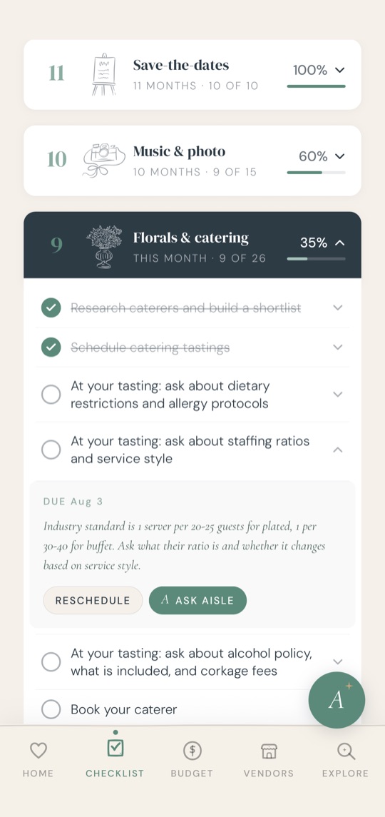 Aisle checklist screen with tasks grouped by month and progress tracked