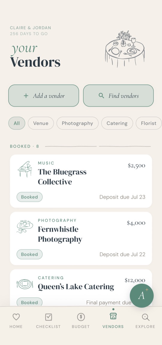 Aisle vendor manager screen with saved vendors, contact details, and notes in one place